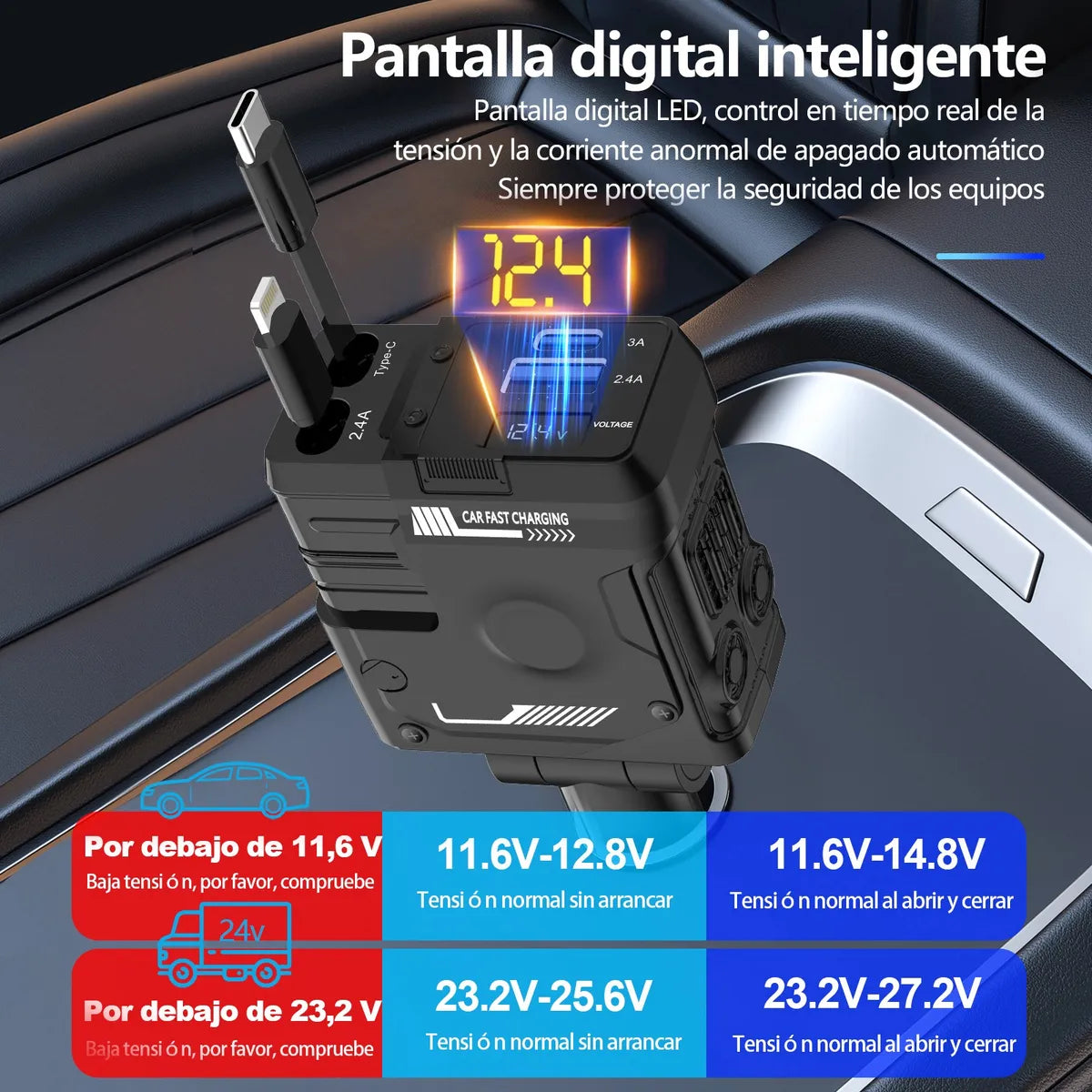 Cargador de Carro 4 en 1 Carga Rápida: ¡El Fin del Desorden de Cables y la Batería Baja!